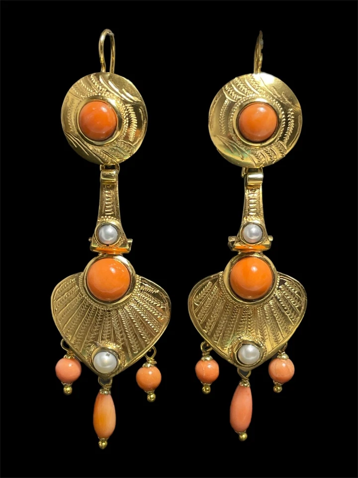 Orecchini Art déco in argento Corallo Sciacca e perle naturali - Immagine 1 di 4