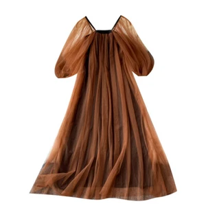 Vestido Hada Dama Malla Midi Capas Manga Abullonada Suelto Plisado Delgado Elegante Vestido - Imagen 1 de 12