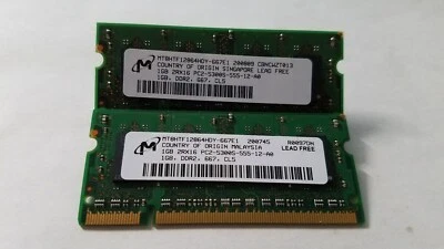 Micron 2GB(2X1GB) PC2-5300 DDR2-667MHz non-ECC Unbuffered CL5 200Pin SoDimm D-RK - Image 1 of 2