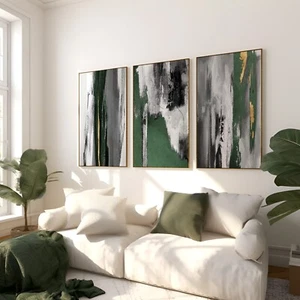 Set Of 3 Black Green Abstract Prints Poster Wall Art Home Decor Modern 1663-4-5 - Picture 1 of 2