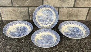 Churchill Currier & Ives Blue 2 Coupe Soup Bowls + 2 Veg Serving Bowls England - Picture 1 of 12