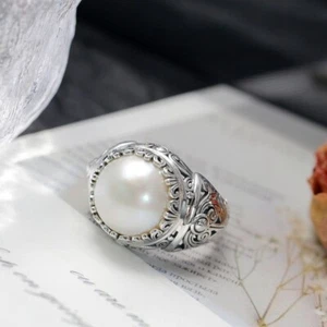 N06 Ring Mabe Süßwasser-Perle Pflanzenornament Sterling Silber 925 verstellbar - Bild 1 von 15