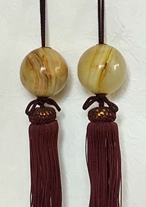 Japanese Hanging Scroll Weight Stone Beige Brown Tassel Purple Fuchin Vintage - Picture 1 of 13