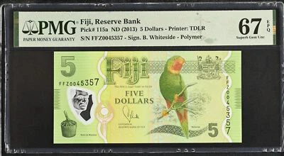 Fiji 5 Dollars ND 2013 P 115 a Polymer Superb Gem UNC PMG 67 EPQ - Image 1 of 3