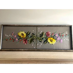 Vintage Crewel Embroidery Picture Floral Long 38 x 12.5" Cottagecore Handcrafted - Picture 1 of 10