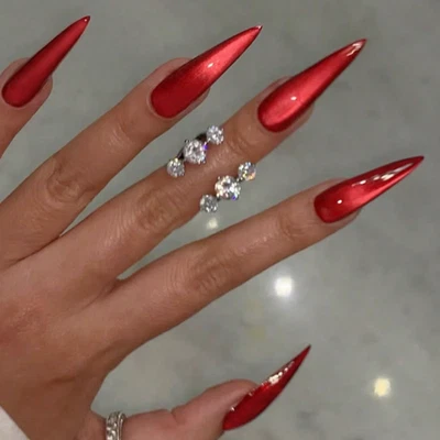 STILETTO LONG TEARDROP *CAT EYE FIRE* Full Cover 24 Nails Red Press On Glue Set! - Image 1 of 3