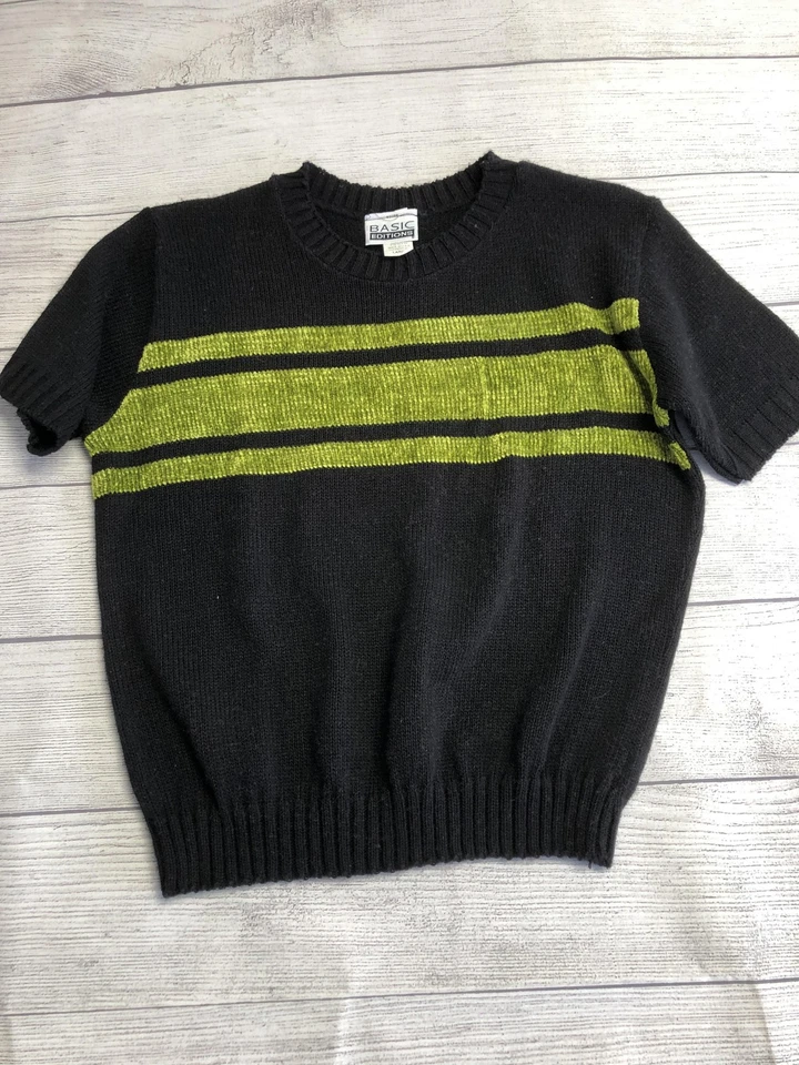Suéter masculino vintage edição básica listrado grande manga curta pulôver anos 90 EUA - Imagem 1 de 4