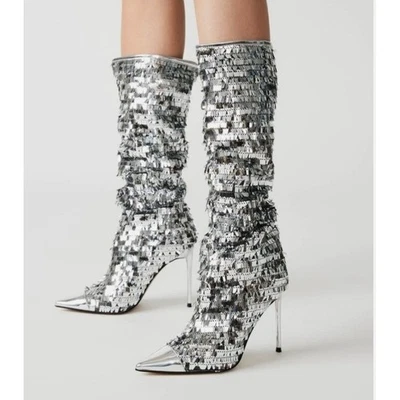 Steve Madden Womens Silver Sequin Knee High Slouch Stiletto Boots Disco 6.5 NEW - Image 1 of 4