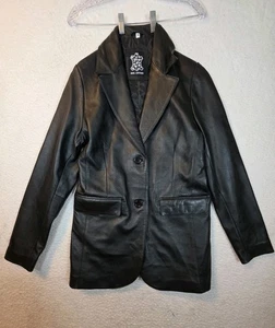 Vintage REAL LEATHER Black Blazer Trench Coat Jacket 2 Button Up Women's size M - Picture 1 of 21