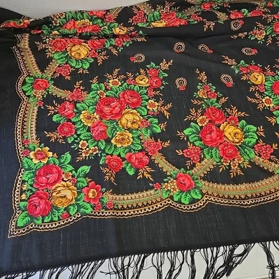 De Colección Pavlovo Posad Mantón de Lana Negro Rosa Floral Flecos Envoltura Ruso 57" Cuadrado Foto 1 de 4