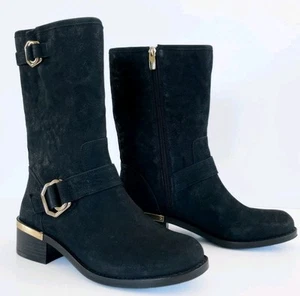 Vince Camuto Wadelyn Leather Mid Calf Moto Boots Black Gold Womens US 8.5 M - Picture 1 of 8