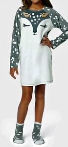 NWT Justice Girl's Reindeer Deer Nightgown Pajama Gown Socks Set Small 7/8