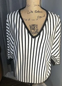Premise Womens White/Black Striped V-Neck Half Sleeve Medium Knit Top - Picture 1 of 16