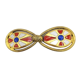 Vintage Freirich Enamel Bow Brooch Gold Tone Red Blue White MCM Signed - RARE - Picture 1 of 17