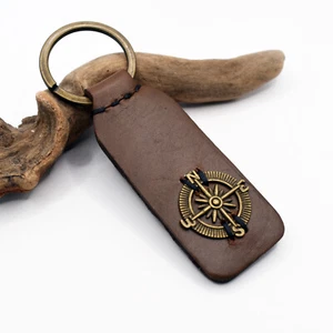 Personalized Compass Leather Keychain Custom Engraved Nautical Keyring - Picture 1 of 15