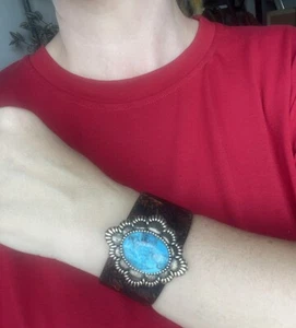 BARSE Native American Blue large Turquoise Leather WIDE CUFF BRACELET - Picture 1 of 13