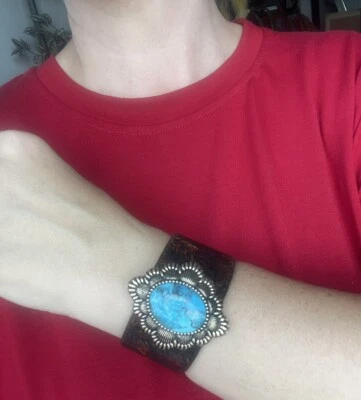 BARSE Native American Blue large Turquoise Leather WIDE CUFF BRACELET - Image 1 of 4