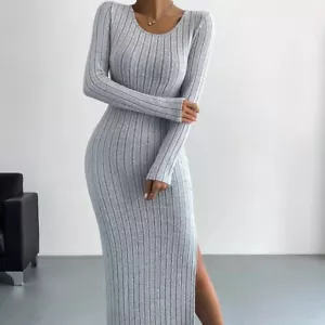 Neu Langarm Herbst und Winter Strick langes Kleid Rundhalsausschnitt Schlitz Damen - Bild 1 von 8