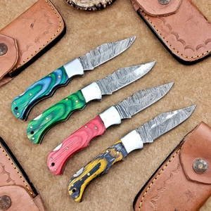 LOT OF 4 PCS! Handmade Damascus Pocket Knives – Folding Knives, W/Sheath IT-313 - Picture 1 of 8