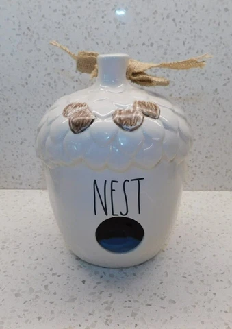 Rae Dunn Artisan Collection Ceramic Acorn Bird House NEST Cream Color Burlap Cover