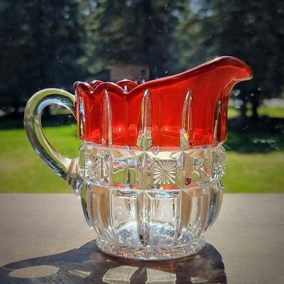 Antique EAPG Glass Creamer Tarentum Glass Block & Star Ruby Stained c.1910 USA - Image 1 of 4