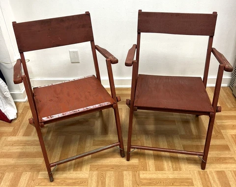 Vintage Wood FOLDING CHAIR Pair antique patio porch wooden 50s country rustic Cover
