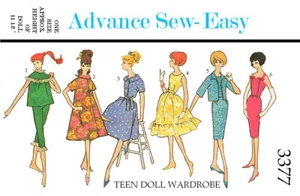 Vintage Advance 3377 - 11 1/2 inch doll clothes sewing pattern - barbie, etc - Picture 1 of 2