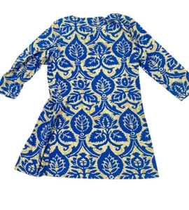 J McLaughlin Boat Neck Tunic Top Blue and Gold Jacquard Print Large - Picture 1 of 5