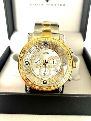 Мужские двухцветные часы Aqua Master белое золото 1 карат бриллиантовый ободок стальной ремешок W #904 - Изображение 1 из 4