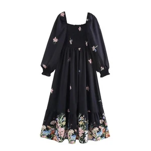 Lapel Collar Elastic Waist Midi Dress Black Retro Flower Print Dress Boho - Picture 1 of 6