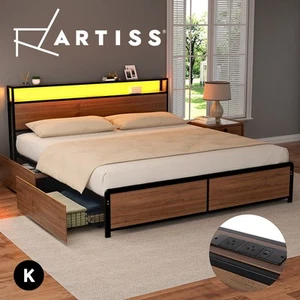 Artiss Metal Bed Frame with Drawers King Size Built in Charging Station & LED - Picture 1 of 9