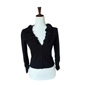 Black Rosette Trim Cardigan Sweater Button Front Romantic Vintage Style Size S - Picture 1 of 7
