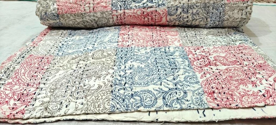 Indian Patchwork Reversible Queen Kantha Quilt Handmade Bedspread Blanket Throw - Image 1 of 4