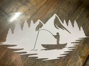 Fisherman Mountains Decal Vinyl Sticker Water Resistant Outdoor Camping RV Canoe - Bild 1 von 1