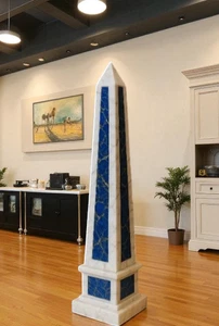18" White Marble Obelisks with Blue Lapis Inlay Elegant Handcrafted Art for Home - Picture 1 of 7