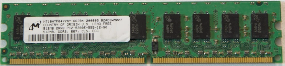 Micron 512MB DDR2 PC2-5300E ECC Desktop Memory 240Pin DIMM SDRAM (MT18HTF6472AY) - Image 1 of 2