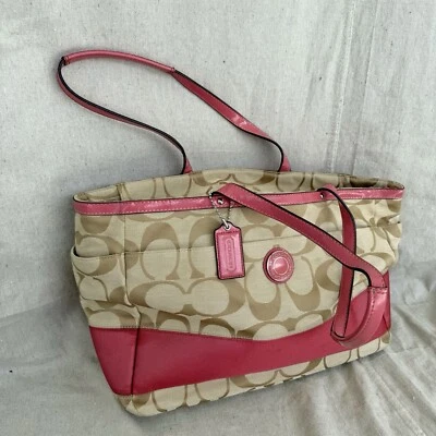Coach Signature Khaki Canvas & Pink Leather Large Diaper Bag  Tote F19202 - Image 1 of 4