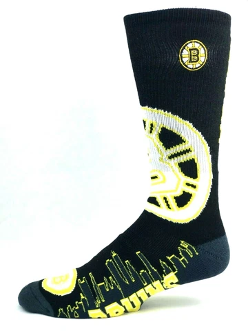 Boston Bruins Hockey Black & Neon Yellow City Skyline Crew Socks Cover
