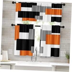Orange Kitchen Curtains Black Grey 52"W x 36"L (Pack of 3) Abstract Geometric 1 - Picture 1 of 7