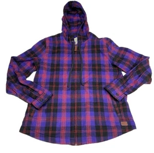 LL Bean Womens Medium Relaxed Plaid Flannel Full Zip Hooded Shacket Scotch Plaid - Picture 1 of 10