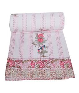 Indian Handmade Kantha Quilt White Bedding Throw Cotton Bedspread Blanket King