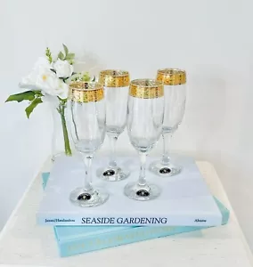 Set 4 Vtg Cristalleria Fumo Champagne Flutes Glasses 24K Gold Handmade Italy - Picture 1 of 11