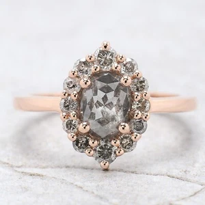1.23 Ct Oval Cut Salt And Pepper Diamond Ring 14K Rose Gold Engagement Gift Ring - Picture 1 of 8