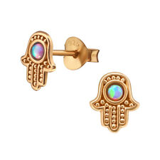 Rose Gold Plated 925 Sterling Silver Hamsa Stud Earrings with Synthetic Opal