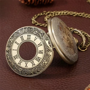Antique Style Mens Quartz Pocket Watch with Chain Roman Numerals Hollow Watches - Picture 1 of 10