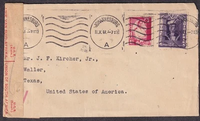 South Africa 1941 WWII censor cover Johannesburg to Waller Texas - Image 1 of 2