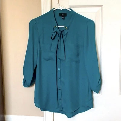 IZ Byer Teal Button Down Blouse With Bow Detailing - Image 1 of 4