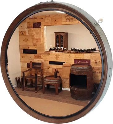 Rustic Wine Barrel Mirror with Metal Bands, 24" Round Oak Wood Frame, Farmhouse - Image 1 of 4