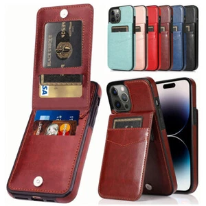Funda tipo billetera de cuero con soporte para tarjetas de cuero para iPhone 14 13 12 Pro Max XS XR 8 - Imagen 1 de 30