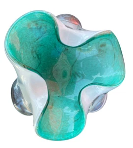 MURANO ART GLASS AQUA BLUE GOLD FLECKED INCASED RUFFLED  CANDY DISH - Picture 1 of 2